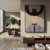 Brown Crescent Shades Stripes - blue striped hat portrait painting by Elliot Vale, modern figurative vertical wall art - styled room scene view 4