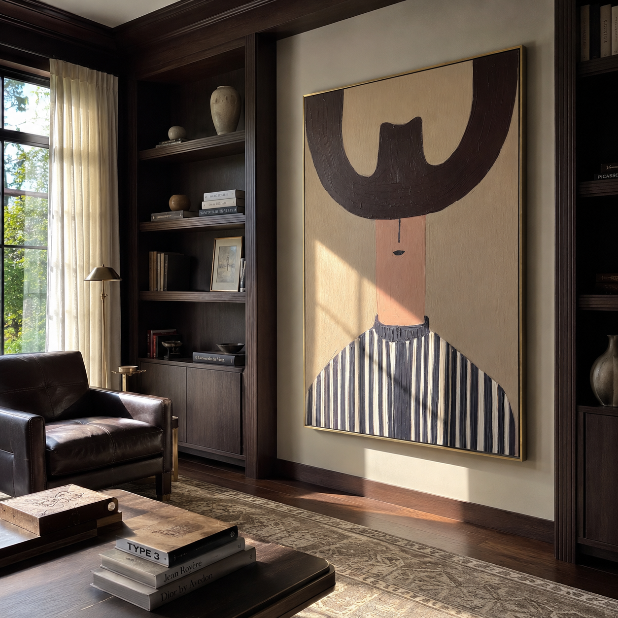 Brown Crescent Shades Stripes - blue striped hat portrait painting by Elliot Vale, modern figurative vertical wall art - styled room scene view 5