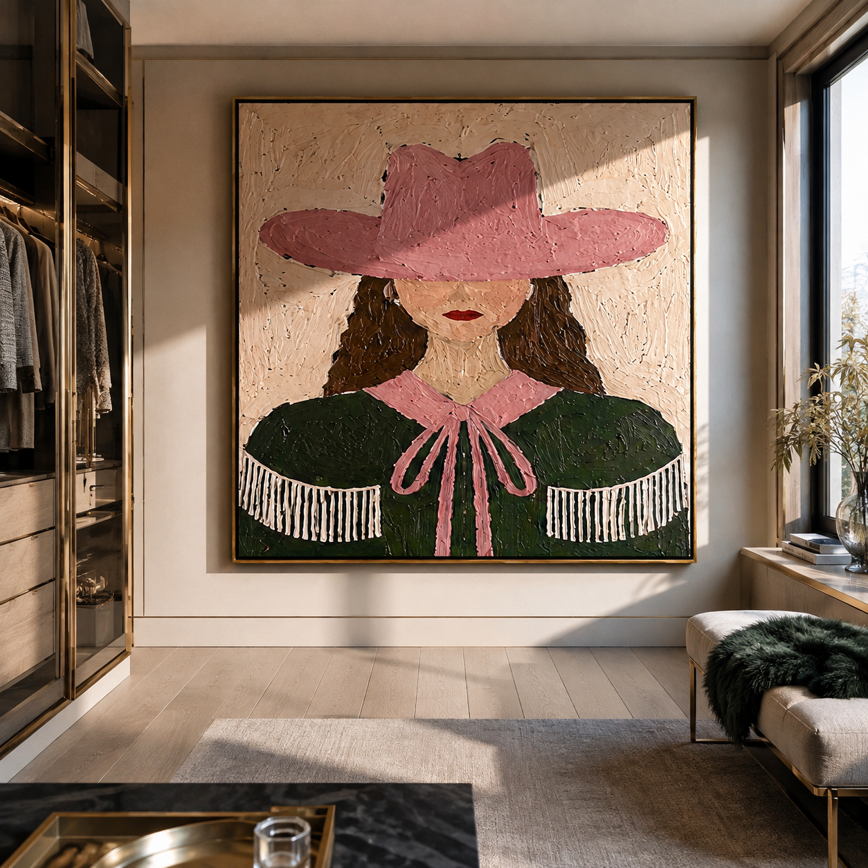 Pink Hat Frames Curls - pink green cowgirl portrait painting by Elliot Vale, modern figurative square wall art - styled room scene view 1