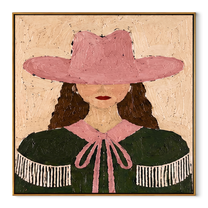 Pink Hat Frames Curls - pink green cowgirl portrait painting by Elliot Vale, modern figurative square wall art - framed artwork on white background