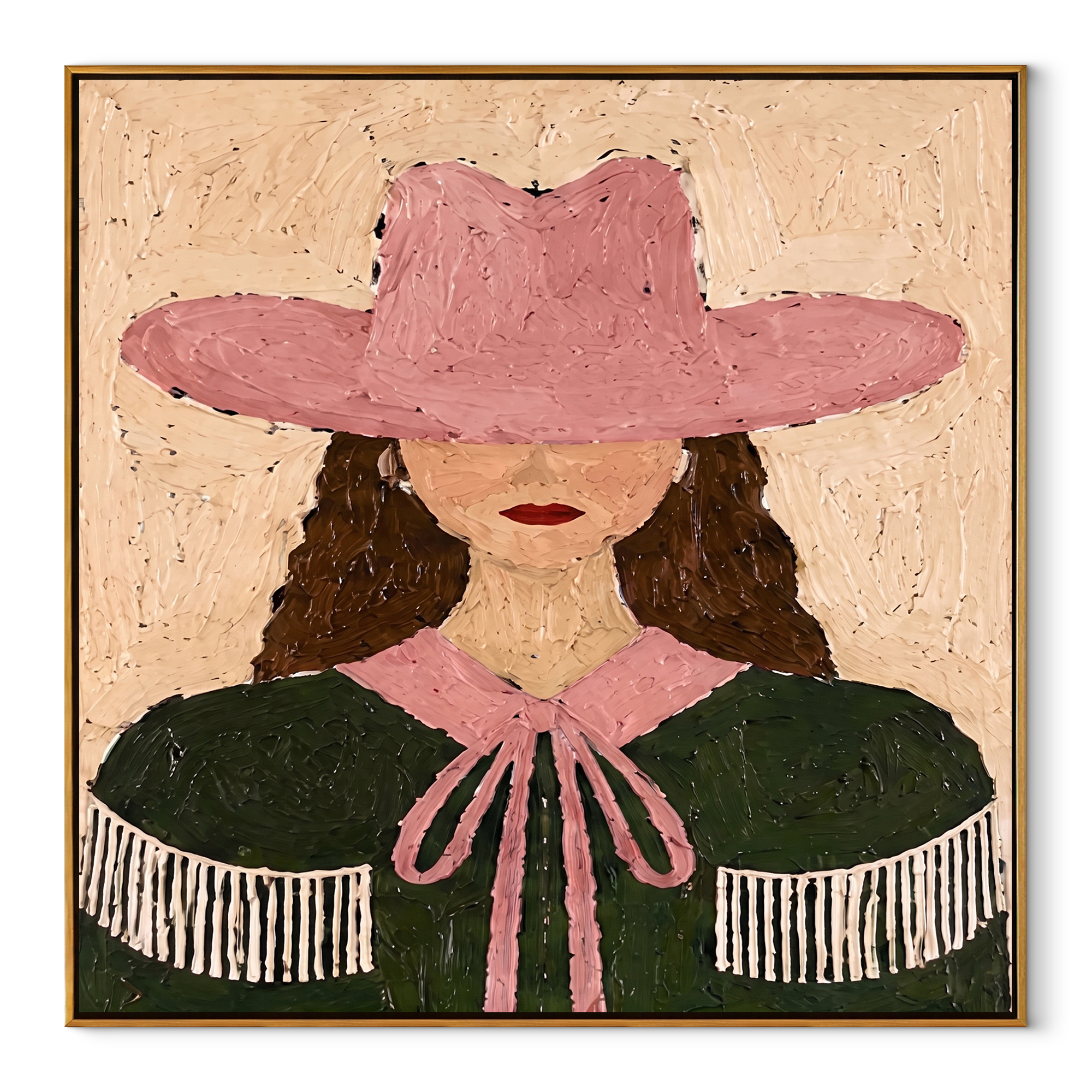 Pink Hat Frames Curls - pink green cowgirl portrait painting by Elliot Vale, modern figurative square wall art - framed artwork on white background