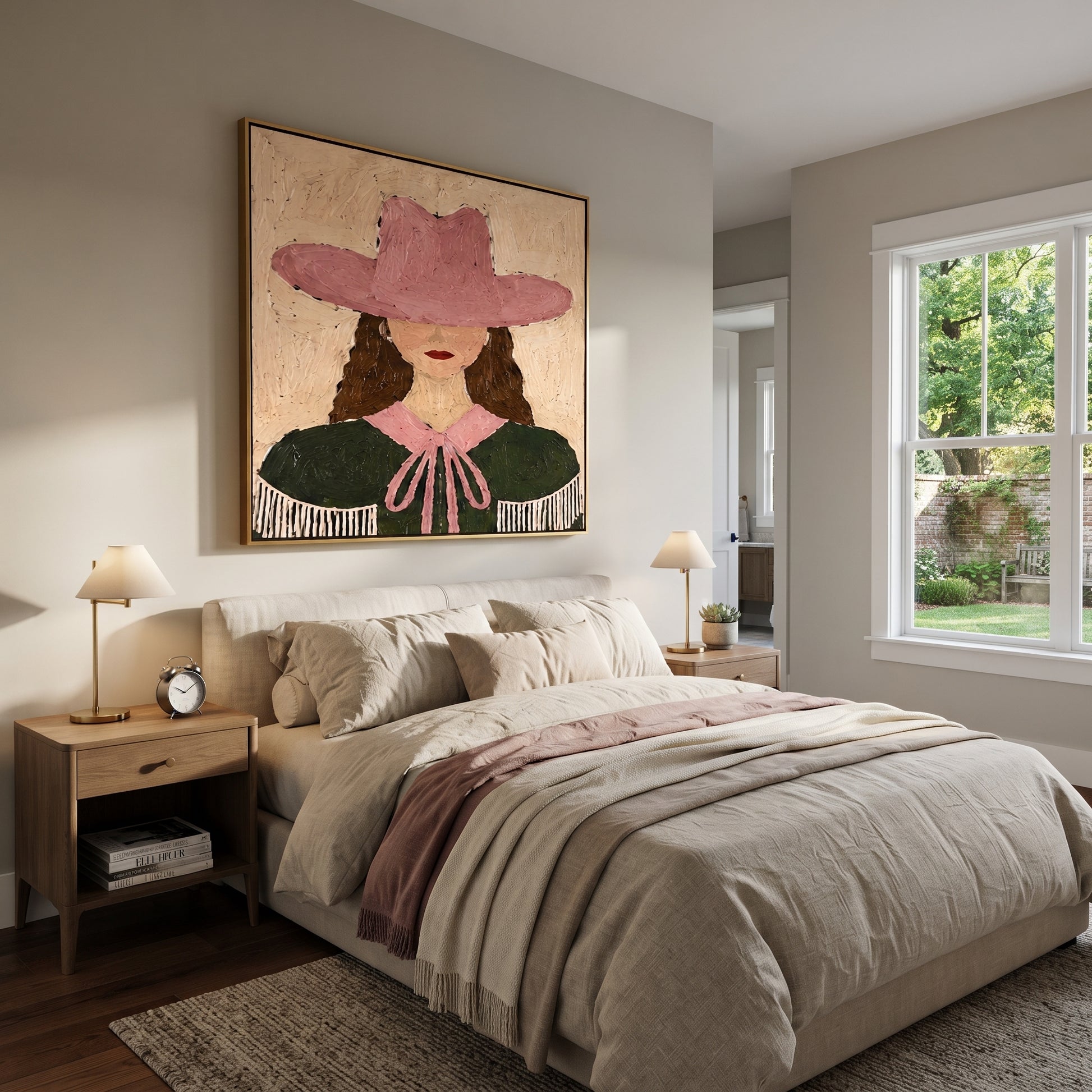Pink Hat Frames Curls - pink green cowgirl portrait painting by Elliot Vale, modern figurative square wall art - styled room scene view 2