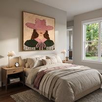 Pink Hat Frames Curls - pink green cowgirl portrait painting by Elliot Vale, modern figurative square wall art - styled room scene view 2