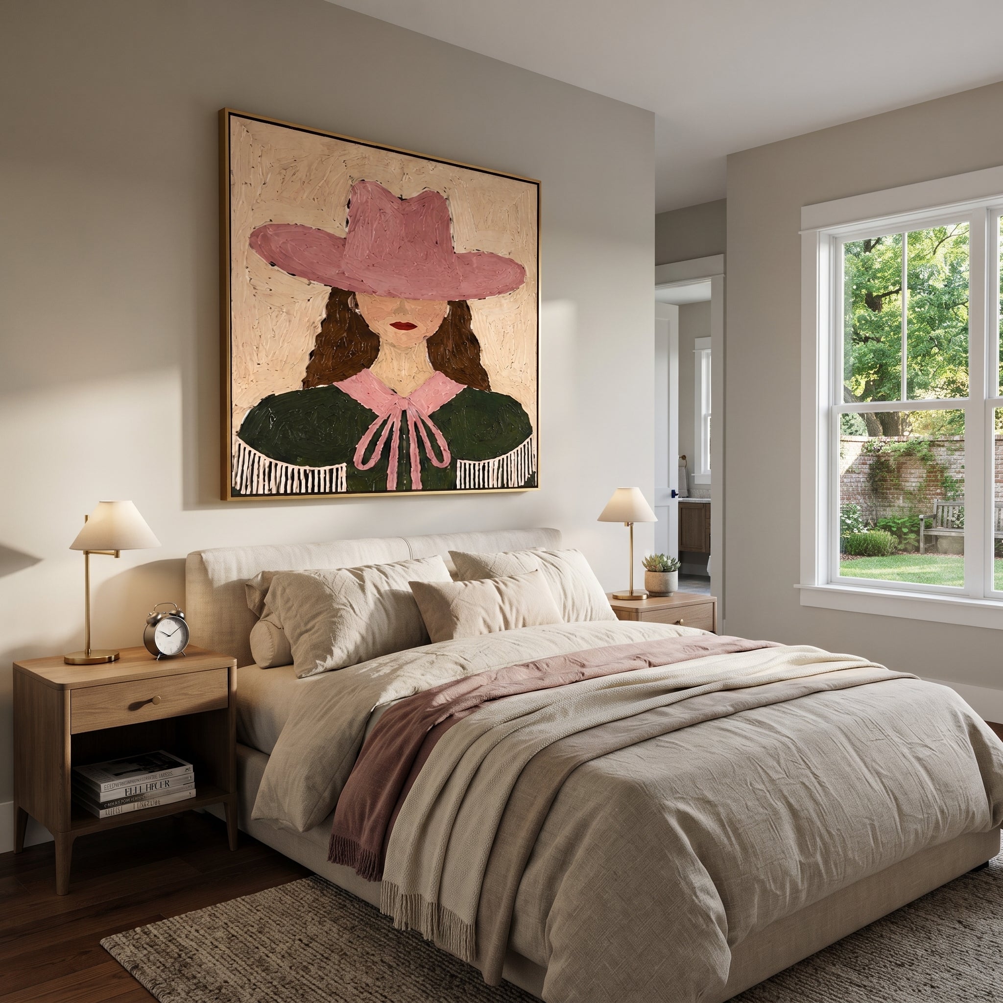Pink Hat Frames Curls - pink green cowgirl portrait painting by Elliot Vale, modern figurative square wall art - styled room scene view 2