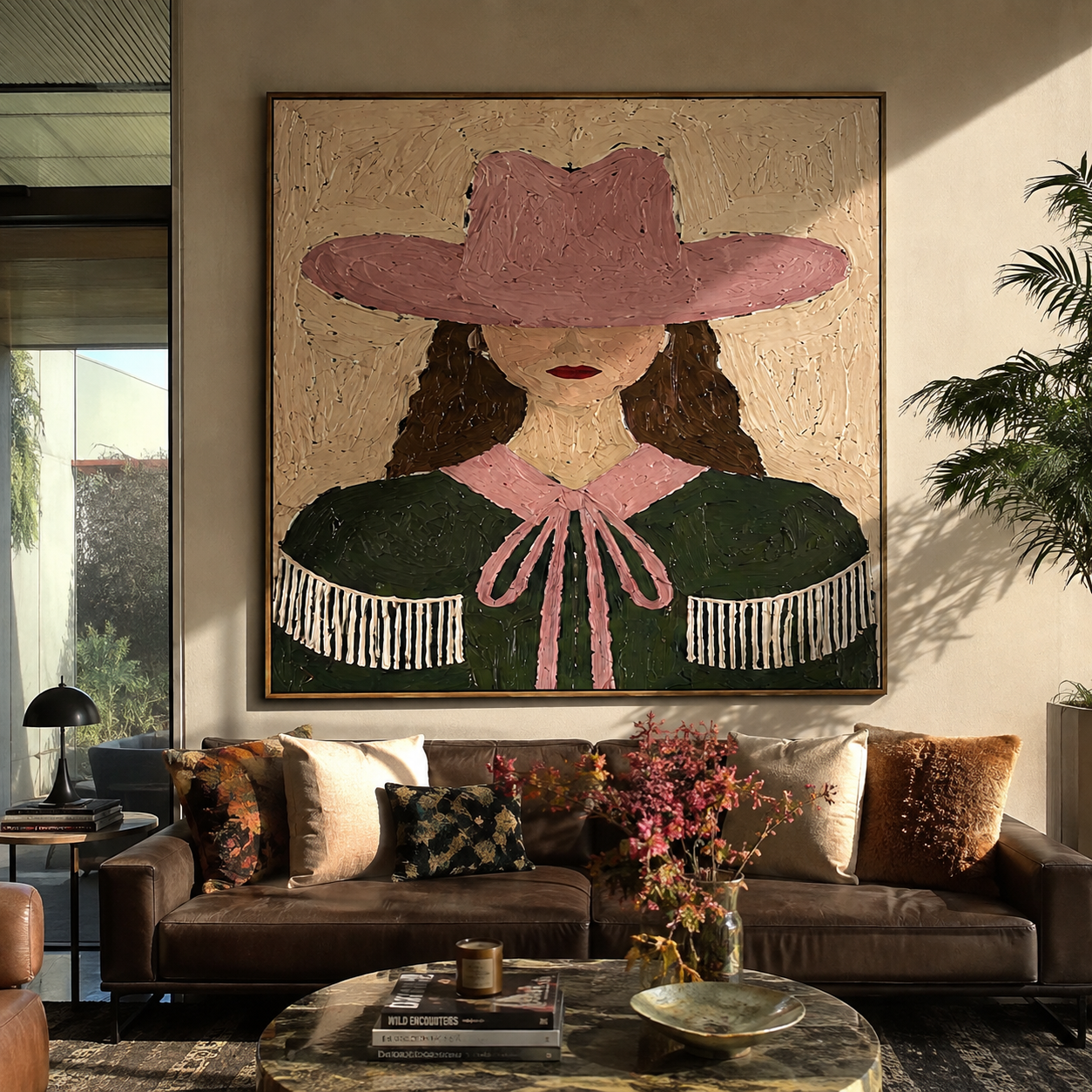 Pink Hat Frames Curls - pink green cowgirl portrait painting by Elliot Vale, modern figurative square wall art - styled room scene view 4