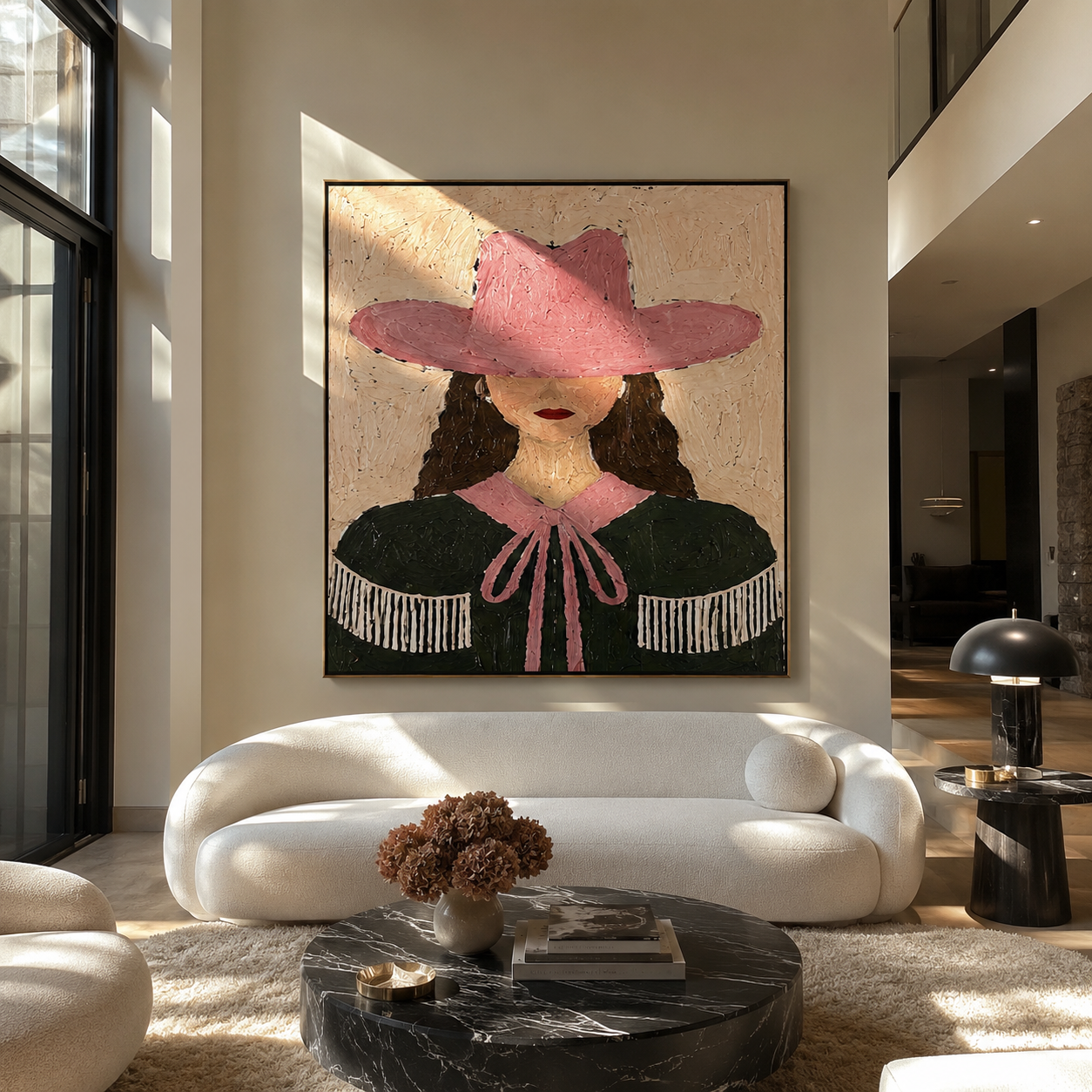 Pink Hat Frames Curls - pink green cowgirl portrait painting by Elliot Vale, modern figurative square wall art - styled room scene view 5