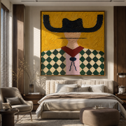 Black Brim Crowns Diamonds - diamond pattern cowgirl painting by Elliot Vale, modern figurative square wall art - styled room scene view 1