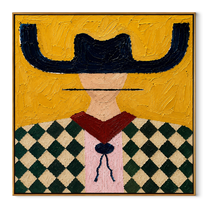 Black Brim Crowns Diamonds - diamond pattern cowgirl painting by Elliot Vale, modern figurative square wall art - framed artwork on white background