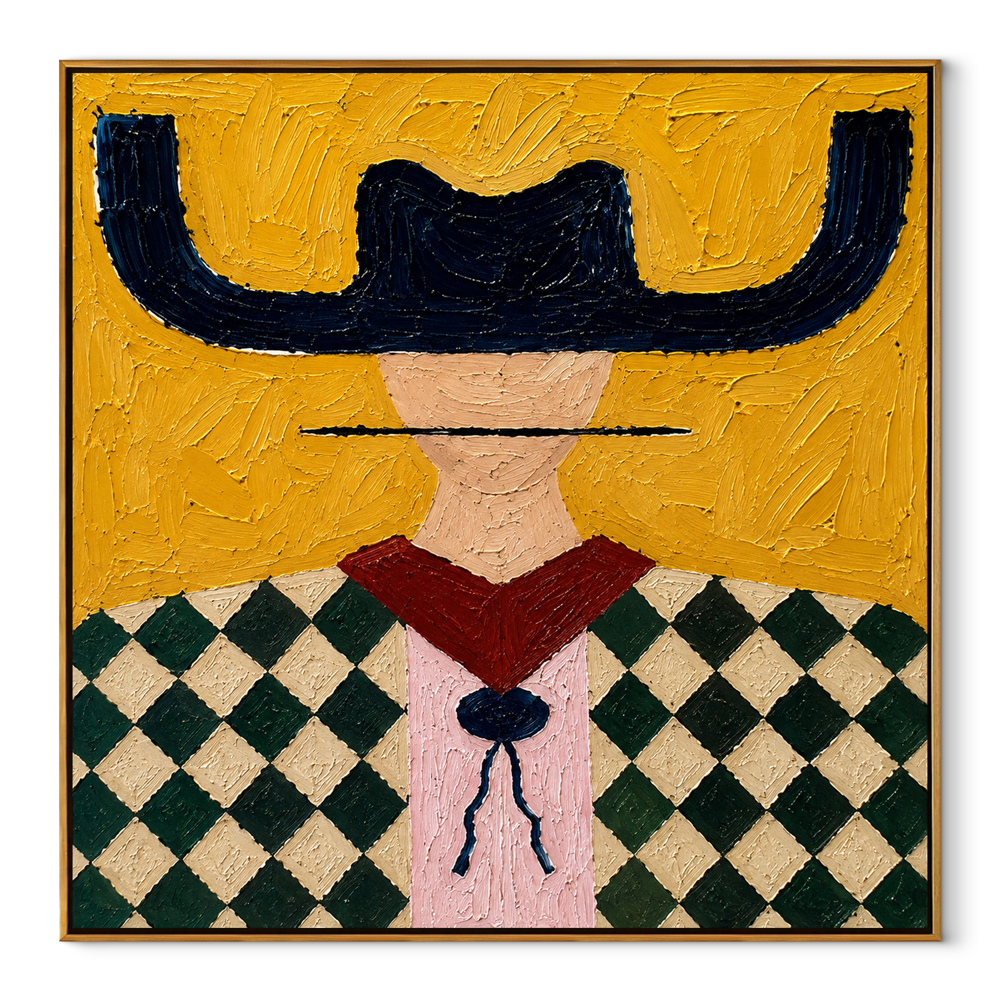 Black Brim Crowns Diamonds - diamond pattern cowgirl painting by Elliot Vale, modern figurative square wall art - framed artwork on white background