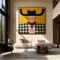 Black Brim Crowns Diamonds - diamond pattern cowgirl painting by Elliot Vale, modern figurative square wall art - styled room scene view 2