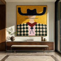 Black Brim Crowns Diamonds - diamond pattern cowgirl painting by Elliot Vale, modern figurative square wall art - styled room scene view 3
