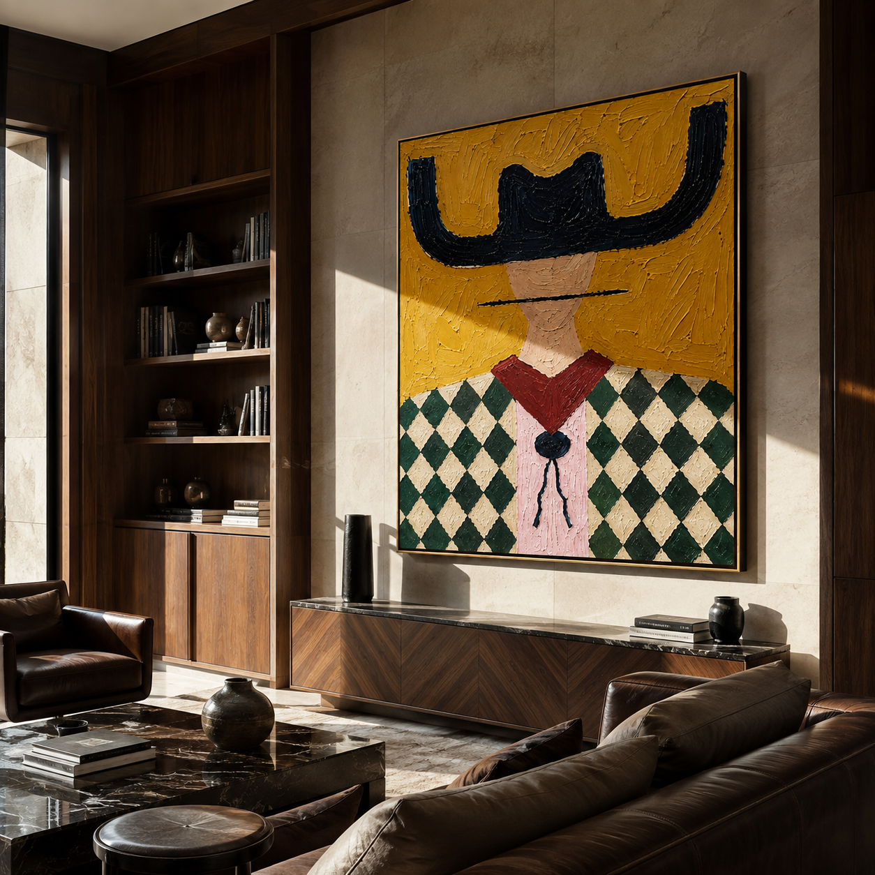 Black Brim Crowns Diamonds - diamond pattern cowgirl painting by Elliot Vale, modern figurative square wall art - styled room scene view 4