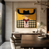 Black Brim Crowns Diamonds - diamond pattern cowgirl painting by Elliot Vale, modern figurative square wall art - styled room scene view 5