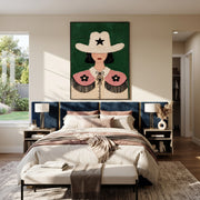 White Star Guards Flowers - floral cowgirl figure painting by Elliot Vale, modern figurative vertical wall art - styled room scene view 1