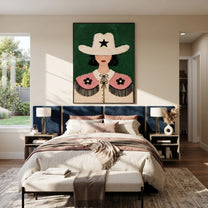 White Star Guards Flowers - floral cowgirl figure painting by Elliot Vale, modern figurative vertical wall art - styled room scene view 1