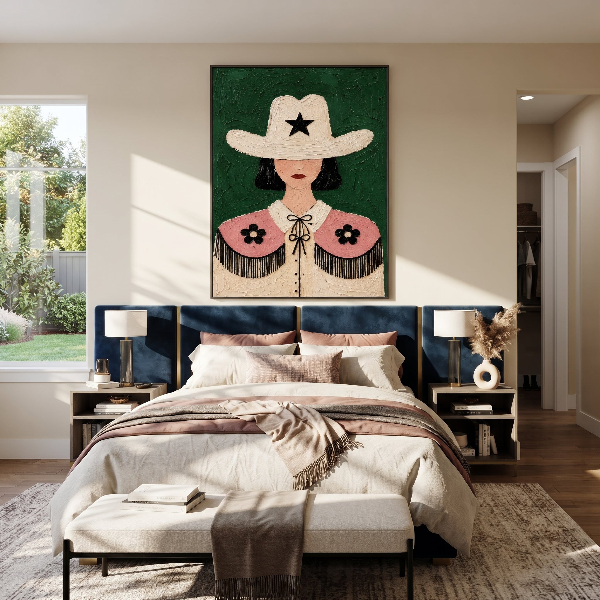White Star Guards Flowers - floral cowgirl figure painting by Elliot Vale, modern figurative vertical wall art - styled room scene view 1