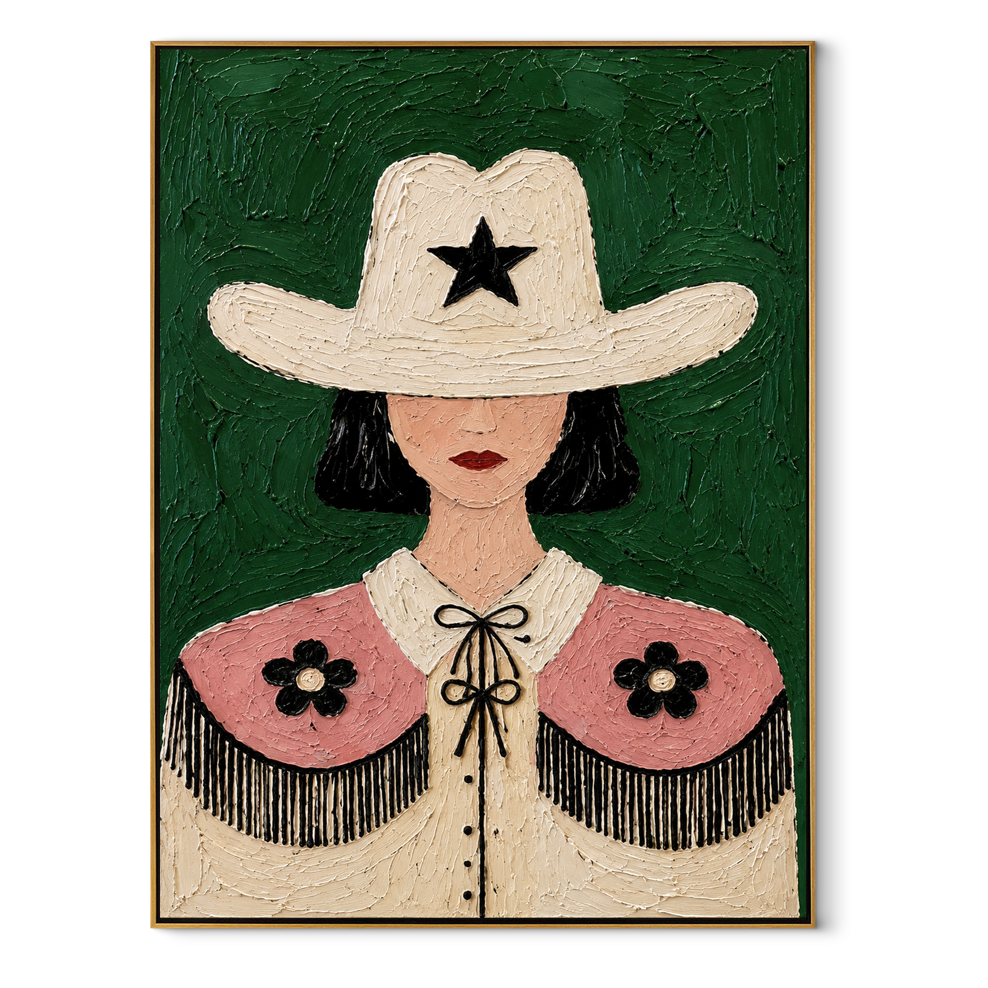 White Star Guards Flowers - floral cowgirl figure painting by Elliot Vale, modern figurative vertical wall art - framed artwork on white background
