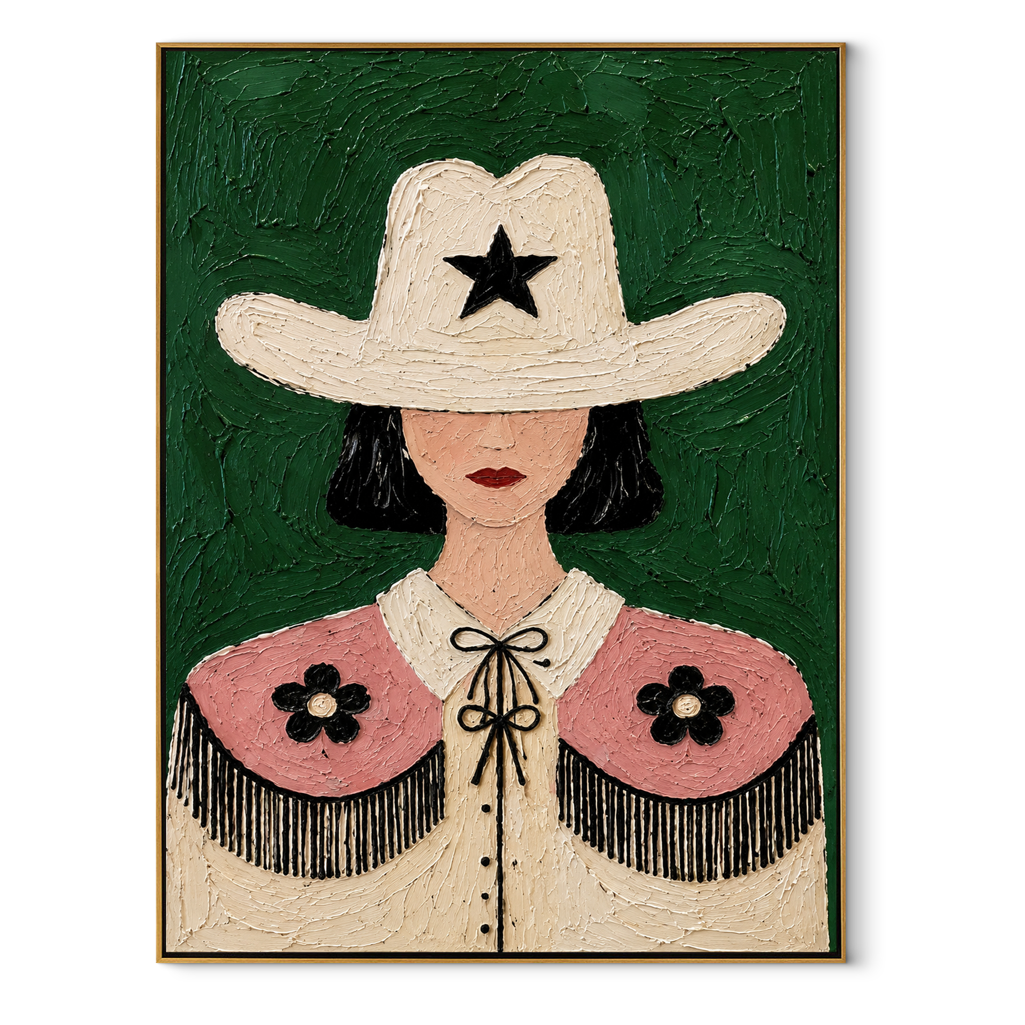 White Star Guards Flowers - floral cowgirl figure painting by Elliot Vale, modern figurative vertical wall art - framed artwork on white background