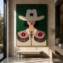 White Star Guards Flowers - floral cowgirl figure painting by Elliot Vale, modern figurative vertical wall art - styled room scene view 2