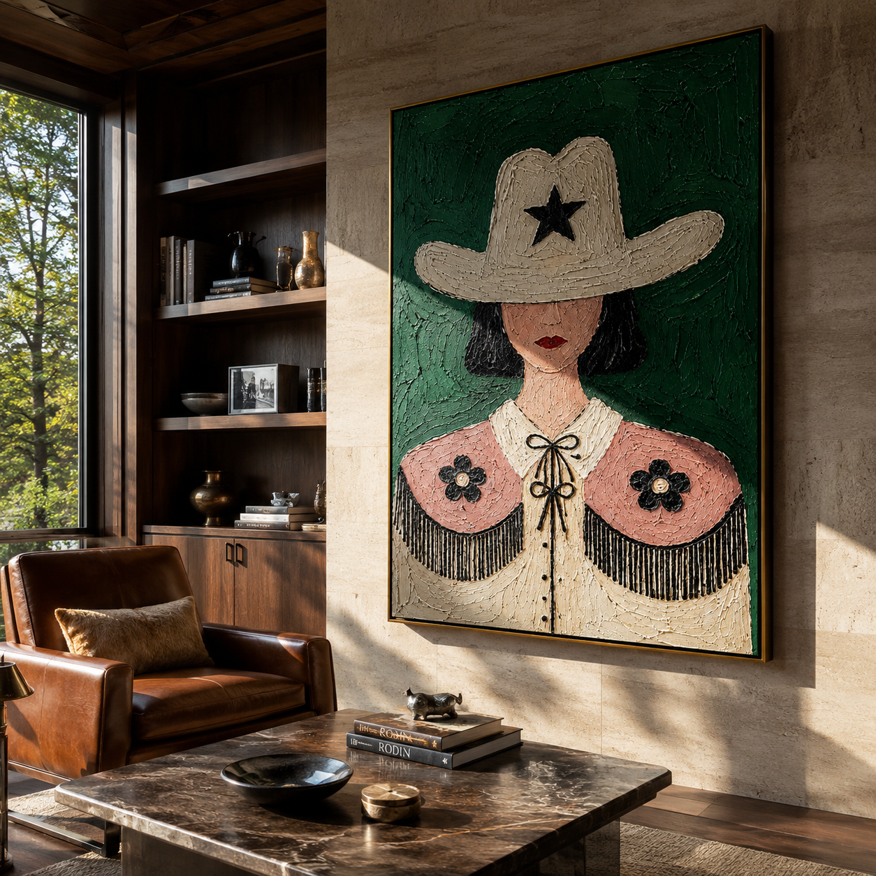 White Star Guards Flowers - floral cowgirl figure painting by Elliot Vale, modern figurative vertical wall art - styled room scene view 3