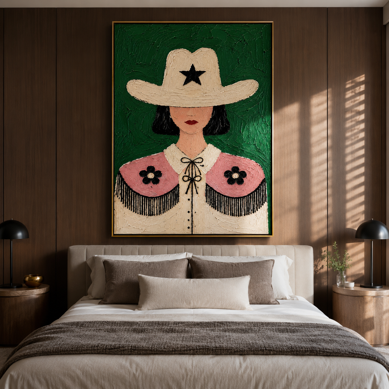 White Star Guards Flowers - floral cowgirl figure painting by Elliot Vale, modern figurative vertical wall art - styled room scene view 4