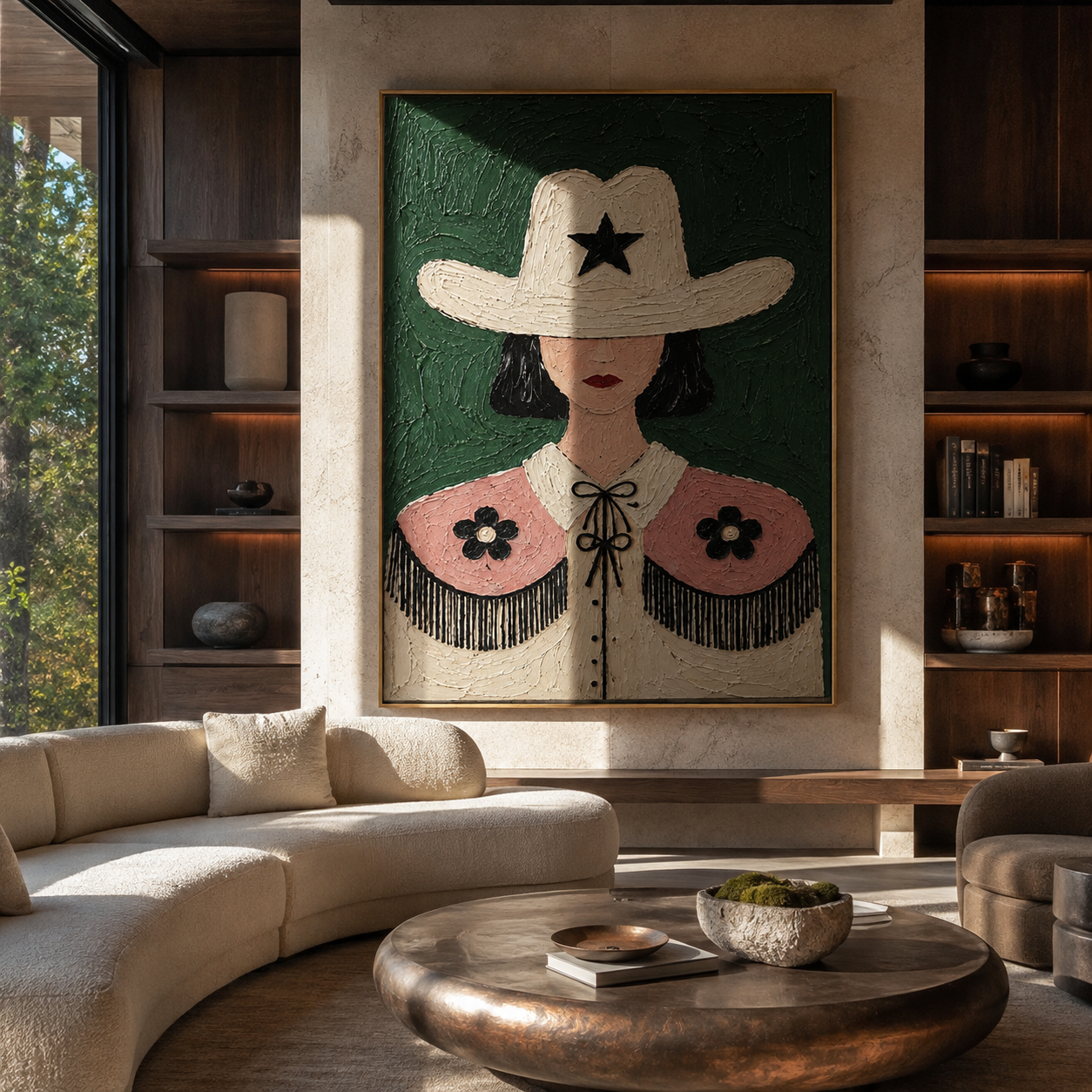 White Star Guards Flowers - floral cowgirl figure painting by Elliot Vale, modern figurative vertical wall art - styled room scene view 5