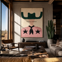 Green Wings Frame Stars - pink western shirt painting by Elliot Vale, modern figurative vertical wall art - styled room scene view 1