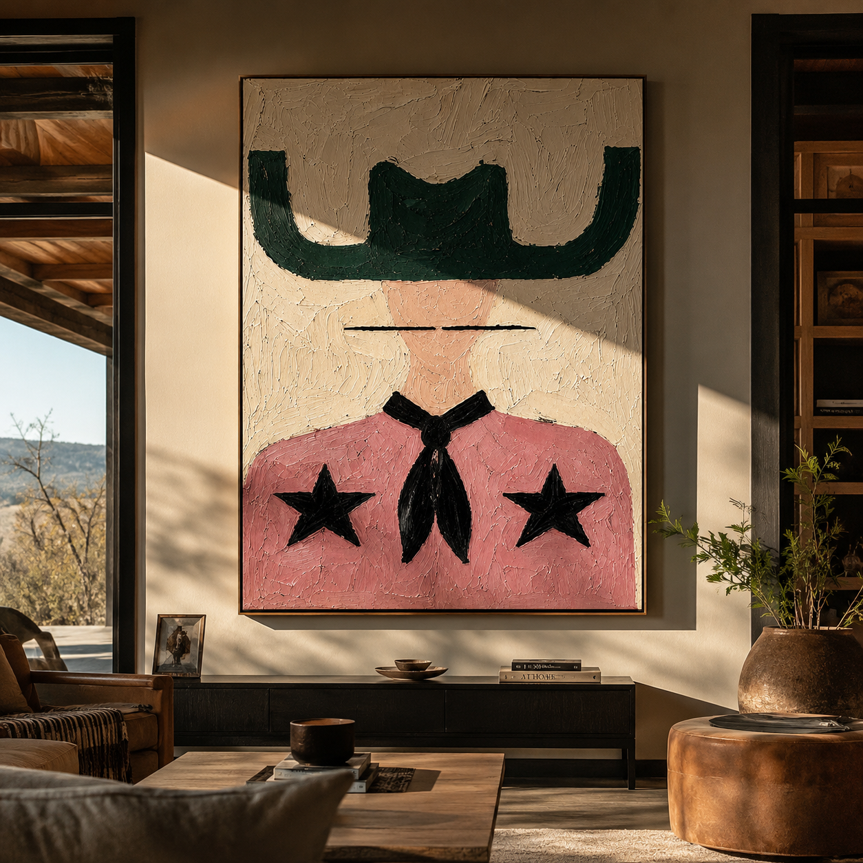 Green Wings Frame Stars - pink western shirt painting by Elliot Vale, modern figurative vertical wall art - styled room scene view 2