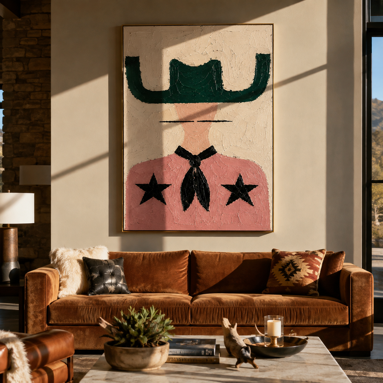 Green Wings Frame Stars - pink western shirt painting by Elliot Vale, modern figurative vertical wall art - styled room scene view 3