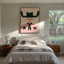 Green Wings Frame Stars - pink western shirt painting by Elliot Vale, modern figurative vertical wall art - styled room scene view 4