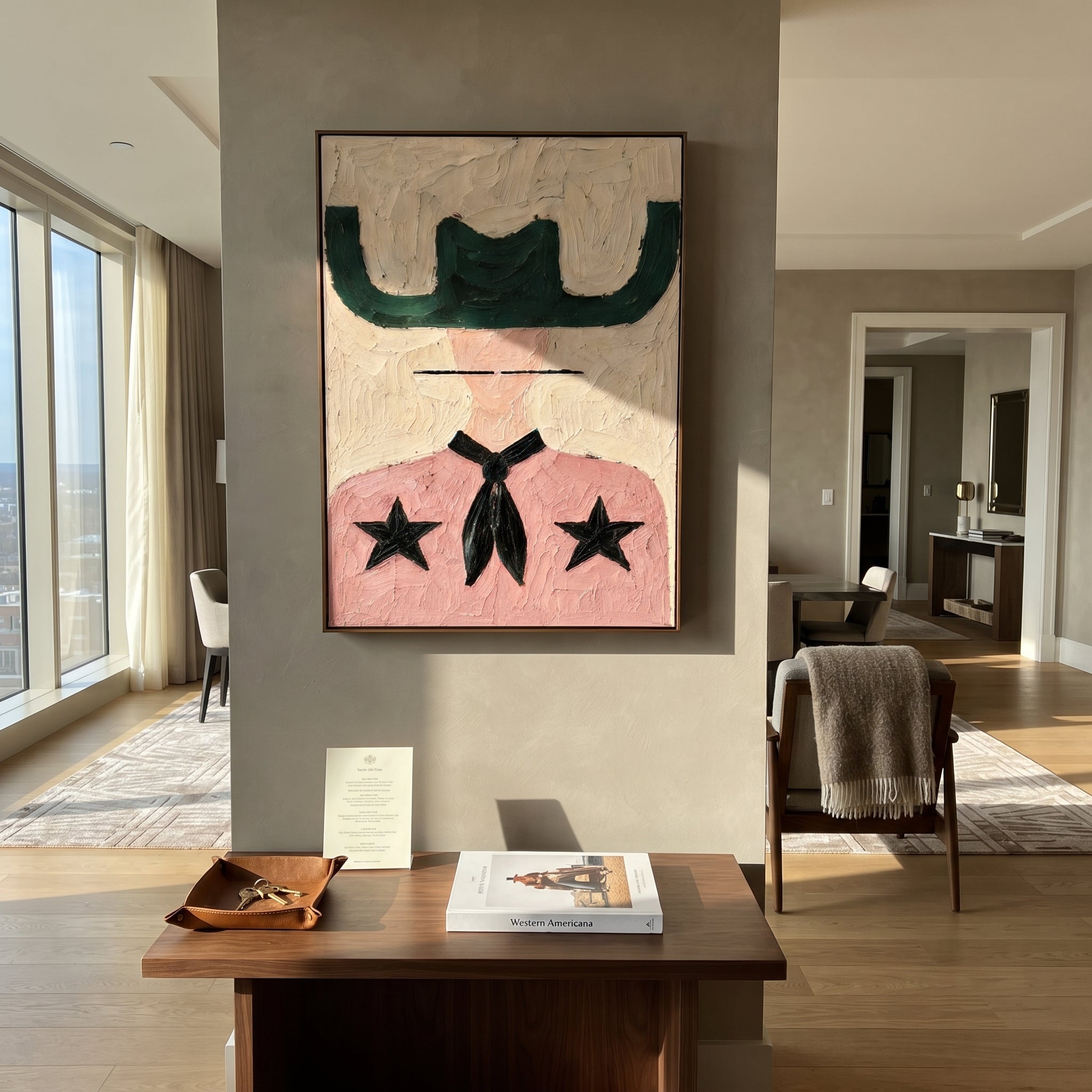 Green Wings Frame Stars - pink western shirt painting by Elliot Vale, modern figurative vertical wall art - styled room scene view 5