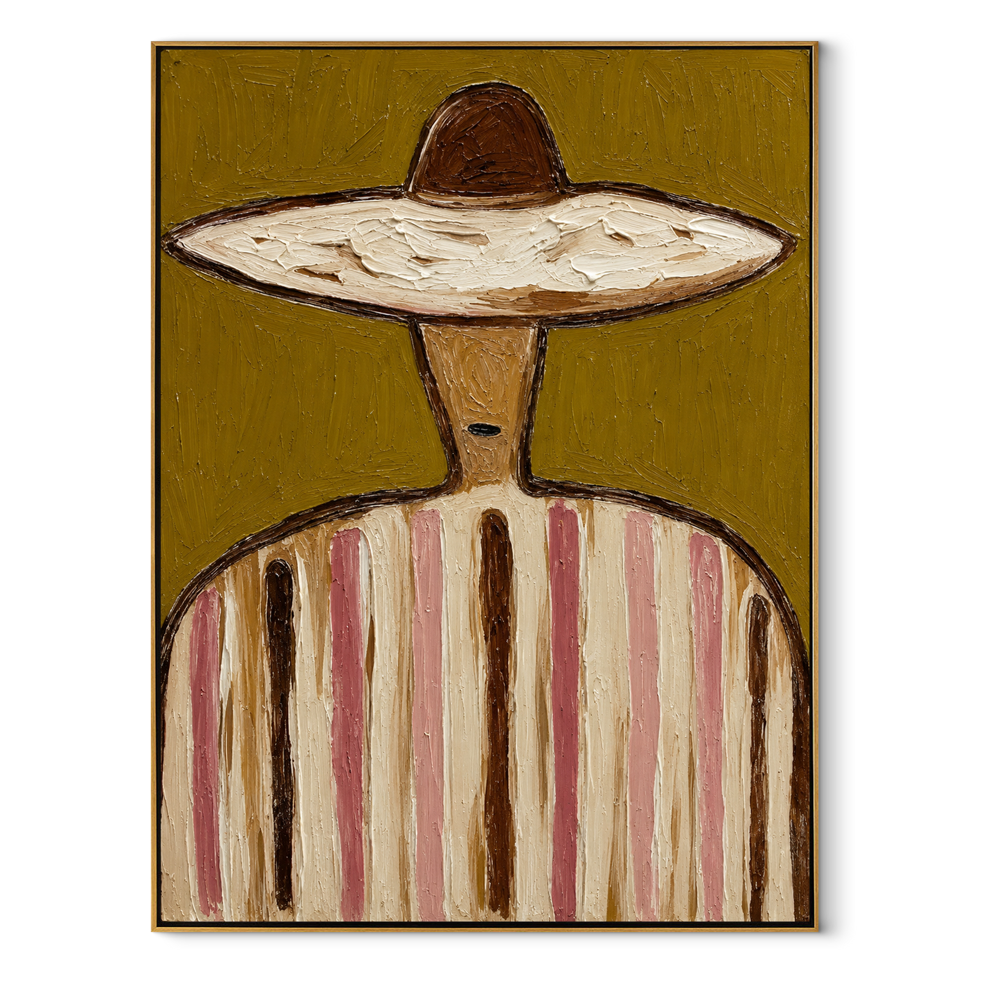 Pale Brim Holds Ochre - pastel striped sombrero painting by Elliot Vale, modern figurative vertical wall art - framed artwork on white background