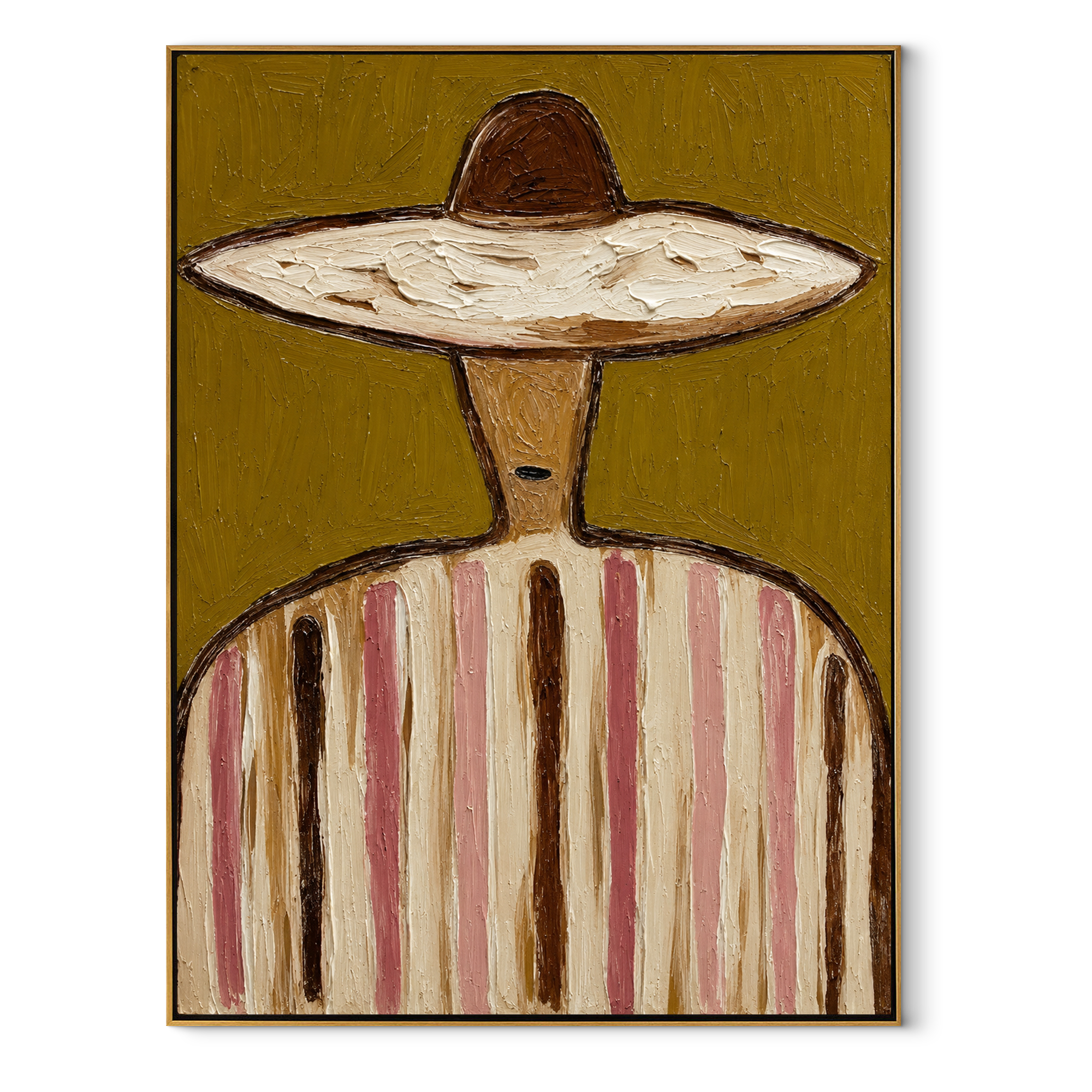 Pale Brim Holds Ochre - pastel striped sombrero painting by Elliot Vale, modern figurative vertical wall art - framed artwork on white background