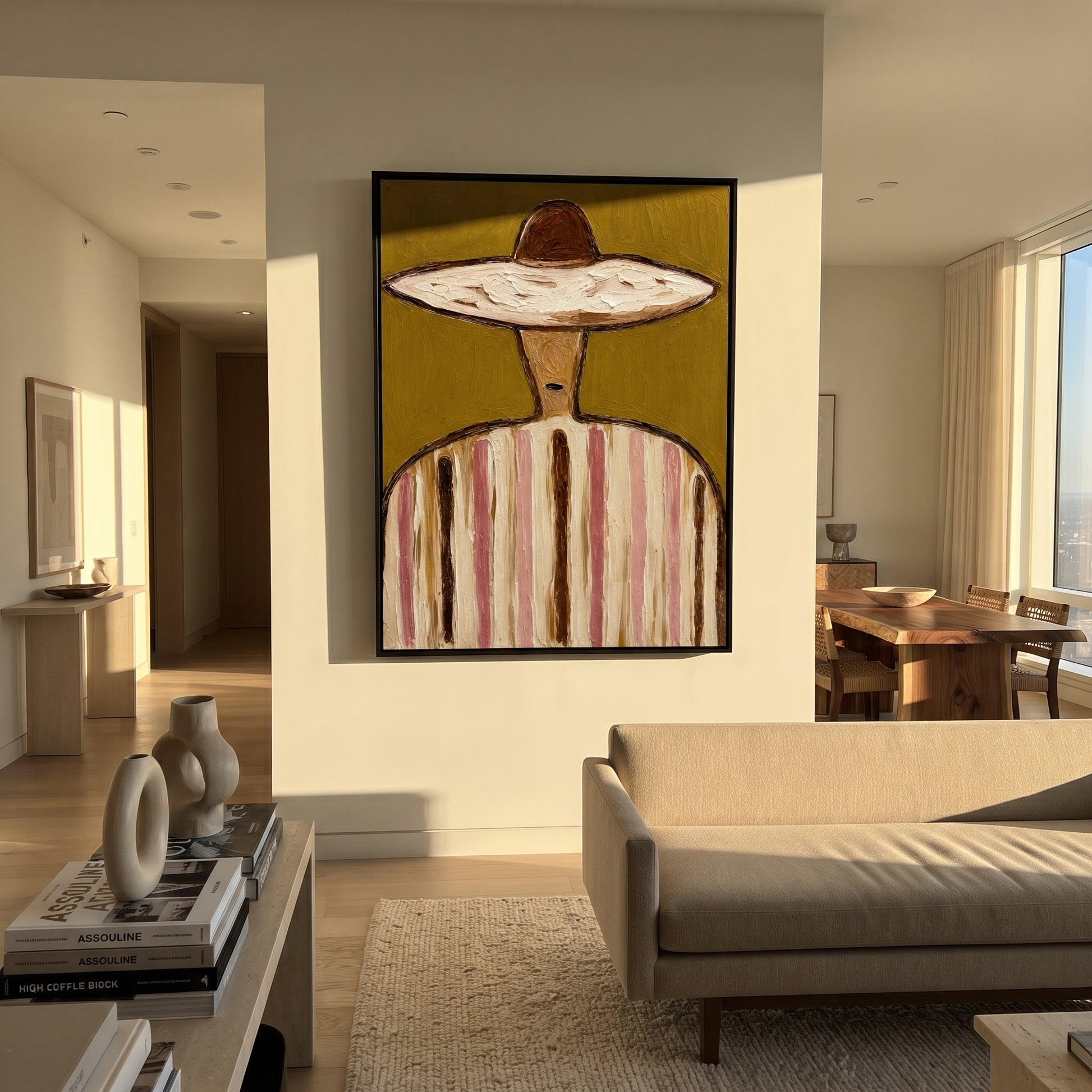 Pale Brim Holds Ochre - pastel striped sombrero painting by Elliot Vale, modern figurative vertical wall art - styled room scene view 3