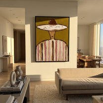 Pale Brim Holds Ochre - pastel striped sombrero painting by Elliot Vale, modern figurative vertical wall art - styled room scene view 3