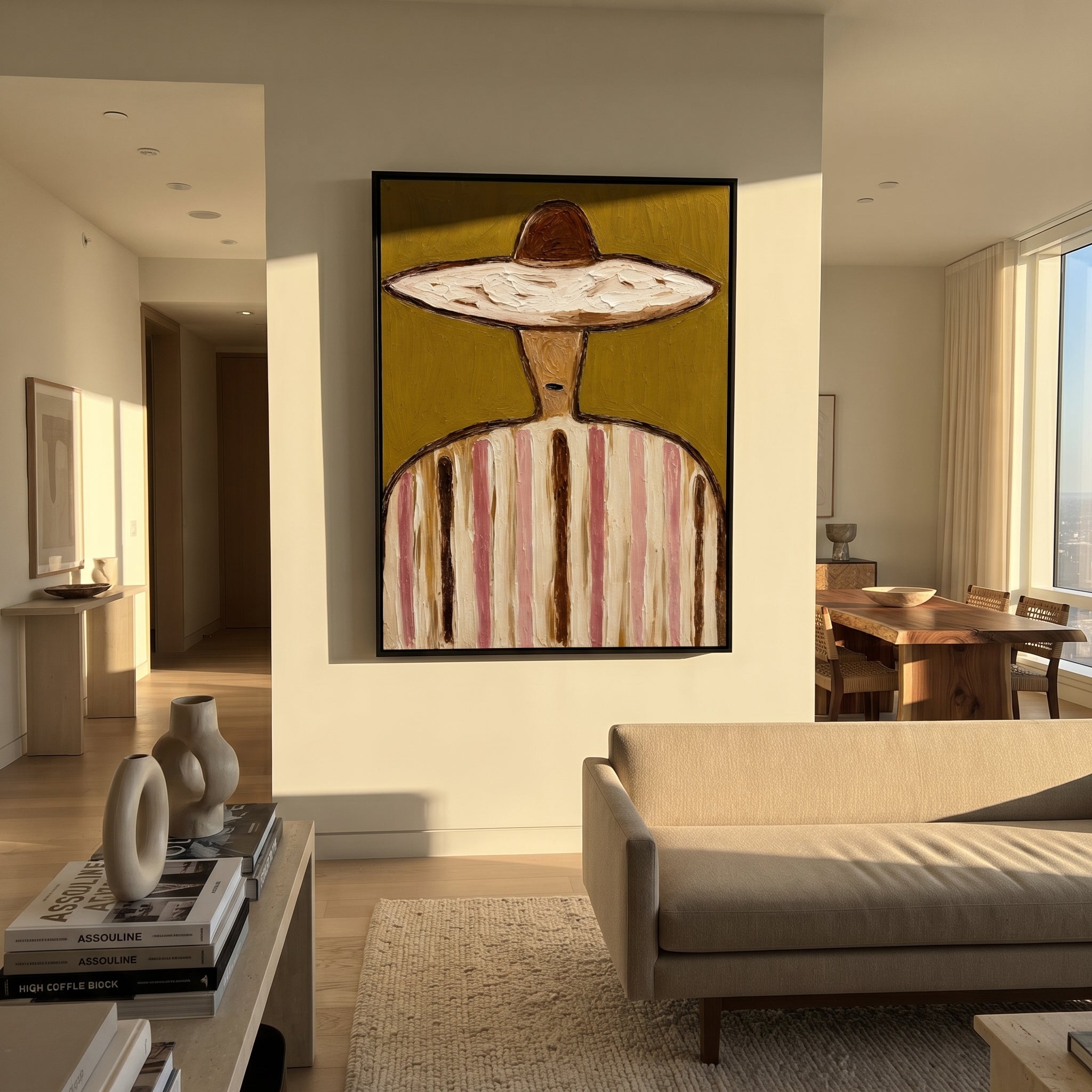 Pale Brim Holds Ochre - pastel striped sombrero painting by Elliot Vale, modern figurative vertical wall art - styled room scene view 3