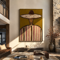 Pale Brim Holds Ochre - pastel striped sombrero painting by Elliot Vale, modern figurative vertical wall art - styled room scene view 5