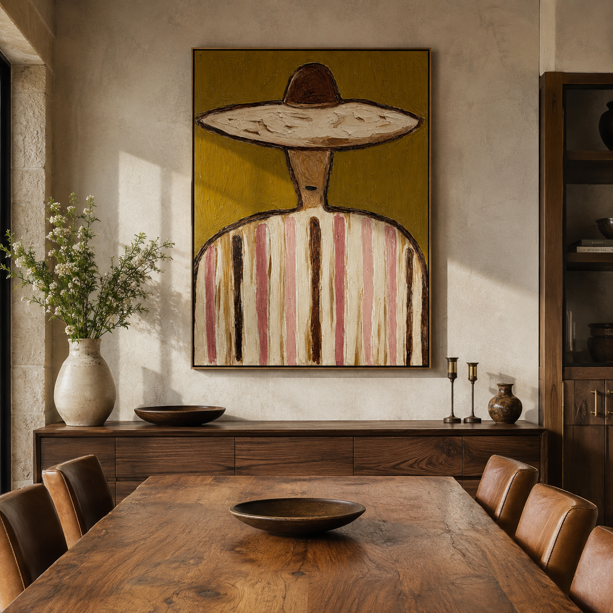 Brown Crown Meets Olive - earth stripe sombrero painting by Elliot Vale, modern figurative vertical wall art - styled room scene view 1