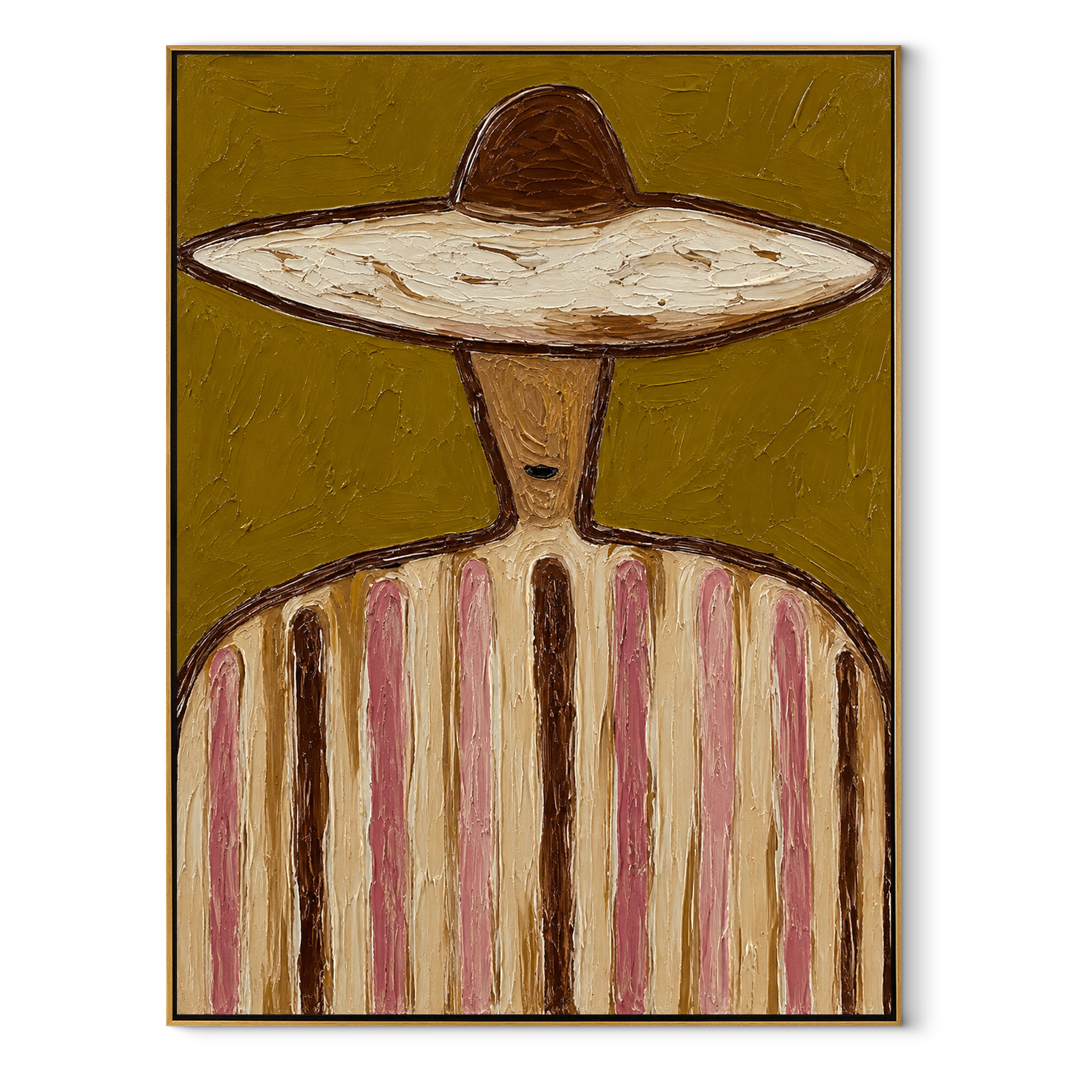Brown Crown Meets Olive - earth stripe sombrero painting by Elliot Vale, modern figurative vertical wall art - framed artwork on white background