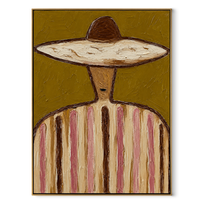 Brown Crown Meets Olive - earth stripe sombrero painting by Elliot Vale, modern figurative vertical wall art - framed artwork on white background