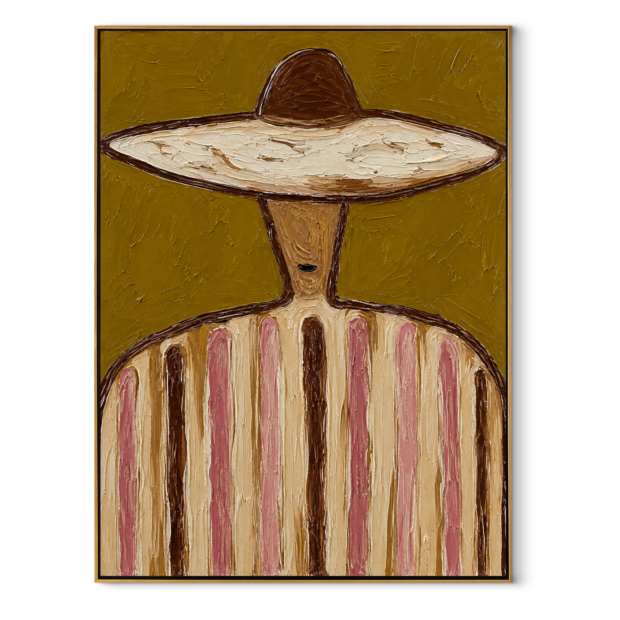 Brown Crown Meets Olive - earth stripe sombrero painting by Elliot Vale, modern figurative vertical wall art - framed artwork on white background