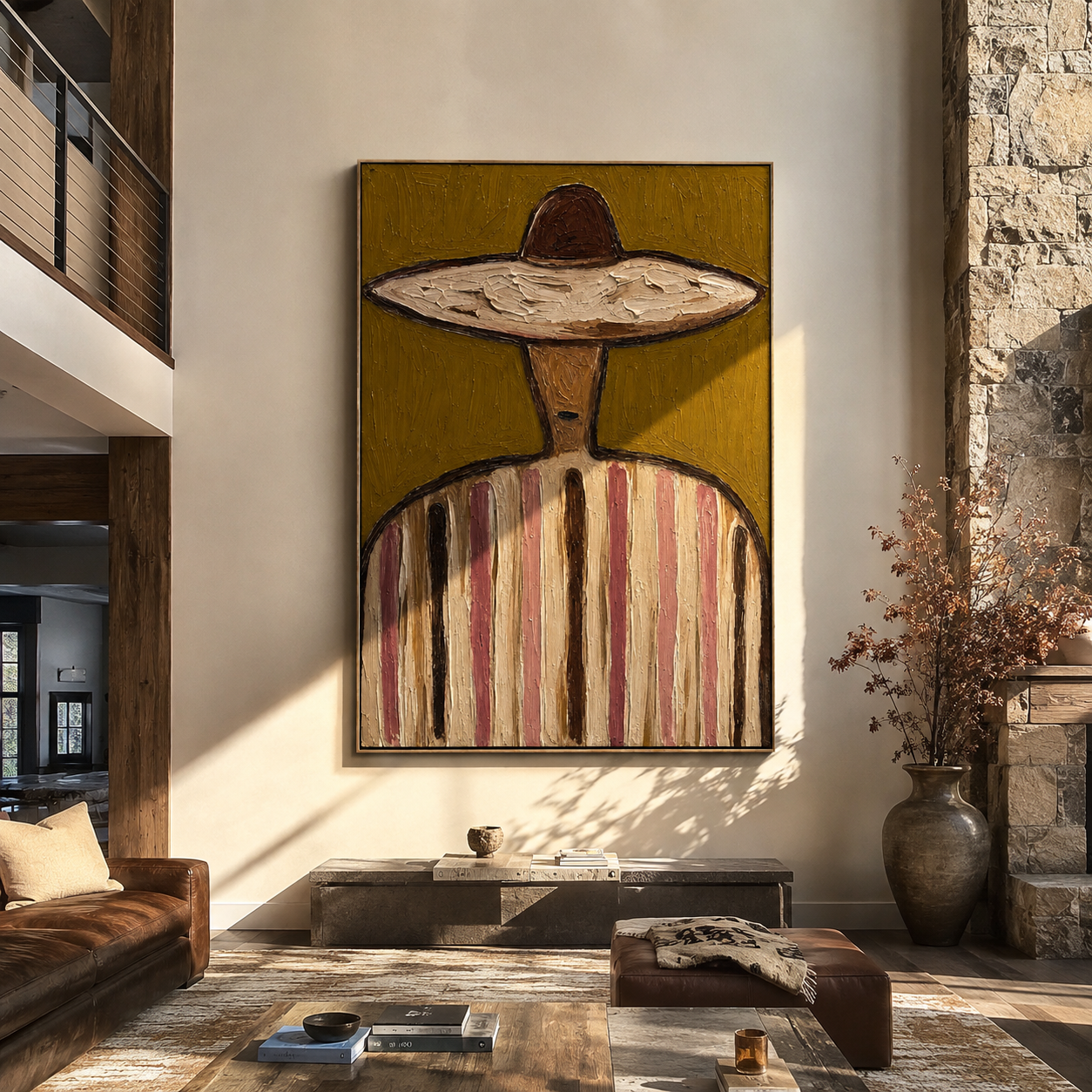 Brown Crown Meets Olive - earth stripe sombrero painting by Elliot Vale, modern figurative vertical wall art - styled room scene view 2