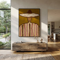 Brown Crown Meets Olive - earth stripe sombrero painting by Elliot Vale, modern figurative vertical wall art - styled room scene view 3