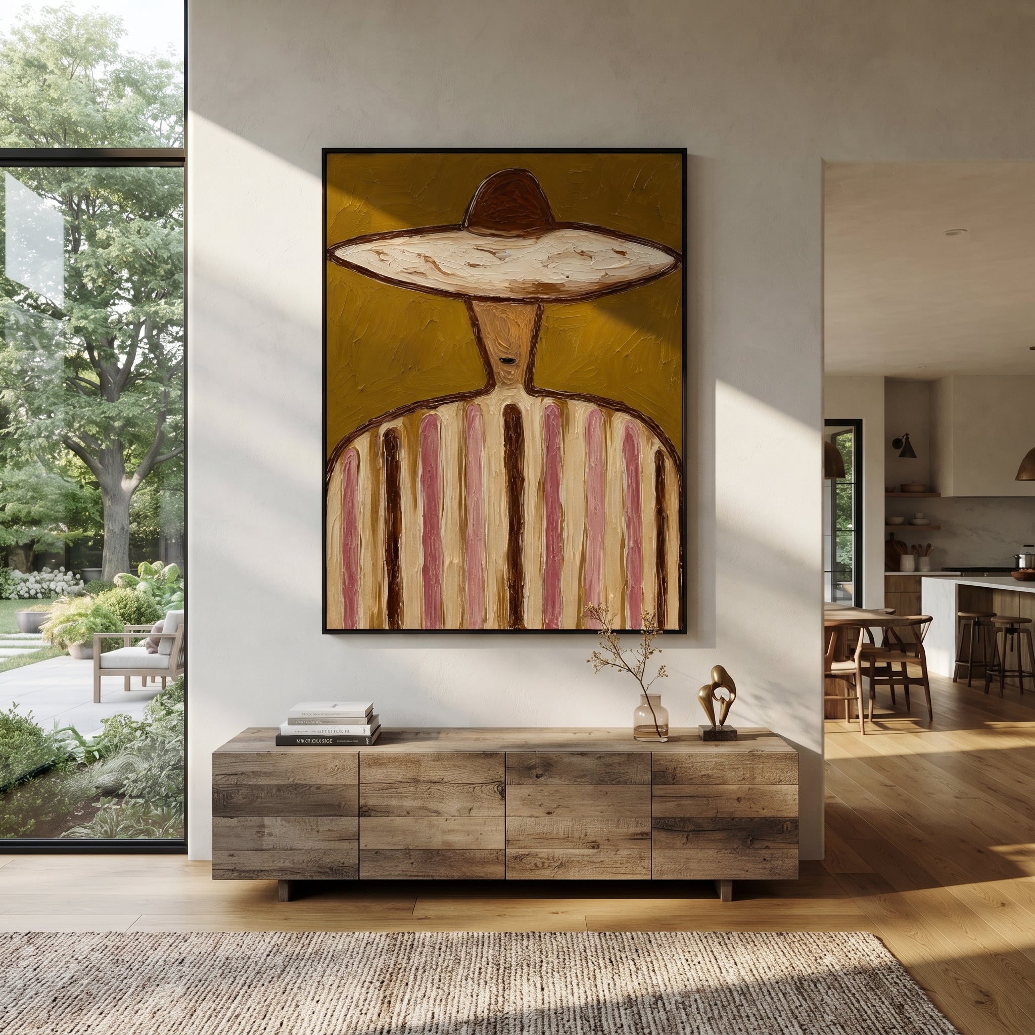 Brown Crown Meets Olive - earth stripe sombrero painting by Elliot Vale, modern figurative vertical wall art - styled room scene view 3