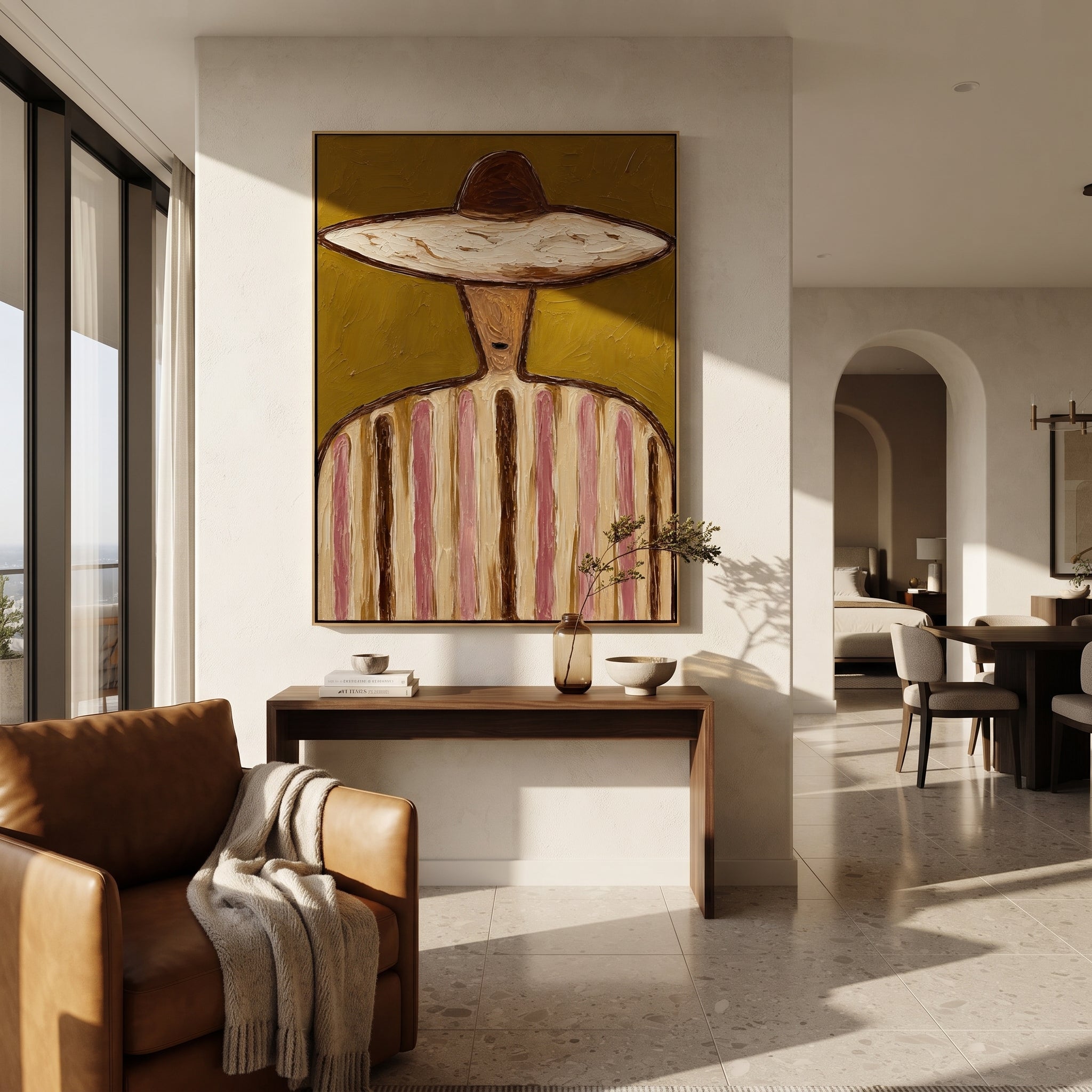 Brown Crown Meets Olive - earth stripe sombrero painting by Elliot Vale, modern figurative vertical wall art - styled room scene view 4