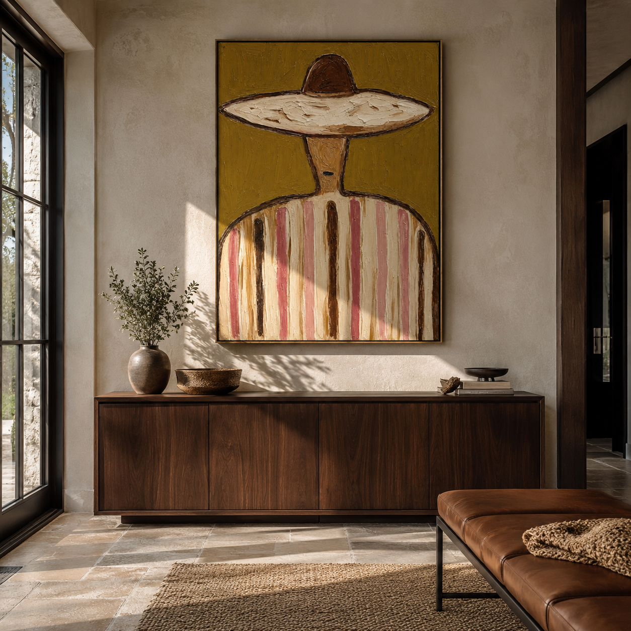 Brown Crown Meets Olive - earth stripe sombrero painting by Elliot Vale, modern figurative vertical wall art - styled room scene view 5