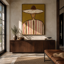 Brown Crown Meets Olive - earth stripe sombrero painting by Elliot Vale, modern figurative vertical wall art - styled room scene view 5