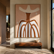 White Wings Catch Starlight - white hat striped figure painting by Elliot Vale, modern figurative vertical wall art - styled room scene view 1