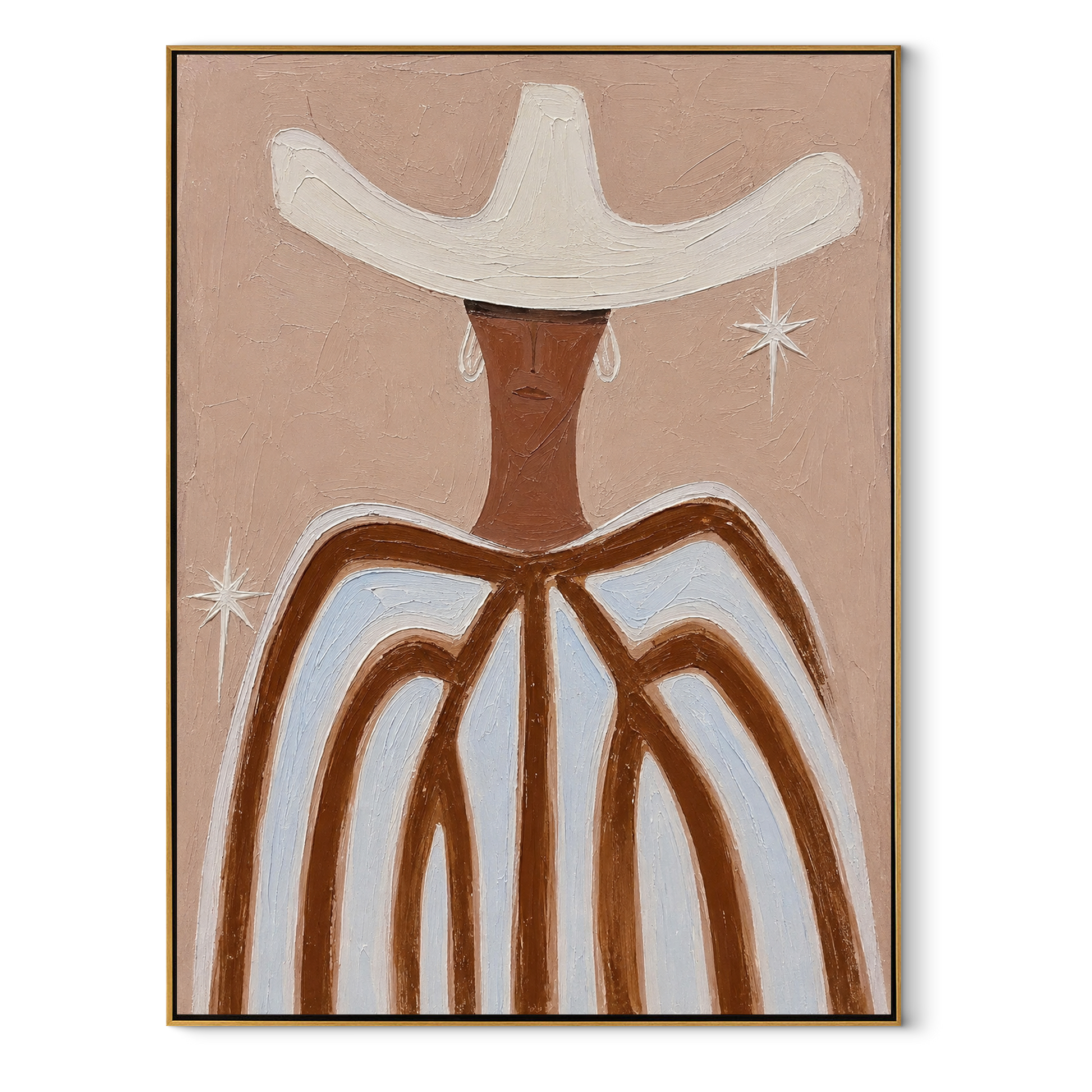 White Wings Catch Starlight - white hat striped figure painting by Elliot Vale, modern figurative vertical wall art - framed artwork on white background