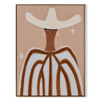 White Wings Catch Starlight - white hat striped figure painting by Elliot Vale, modern figurative vertical wall art - framed artwork on white background